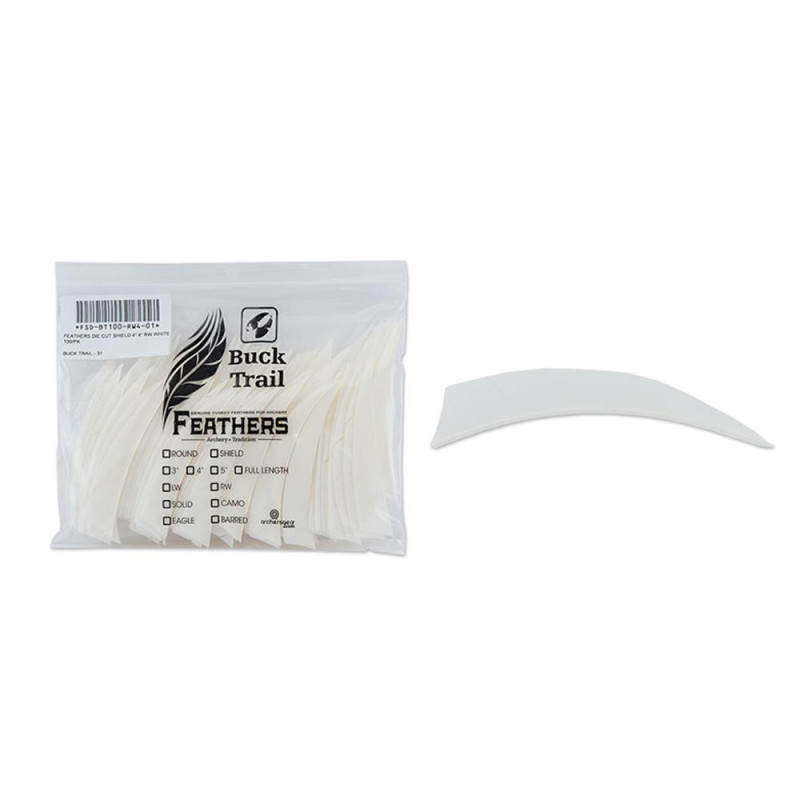 Lot de 100 plumes shield Buck Trail LW 4 pouces couleur unie - 24417 - Archerie.fr